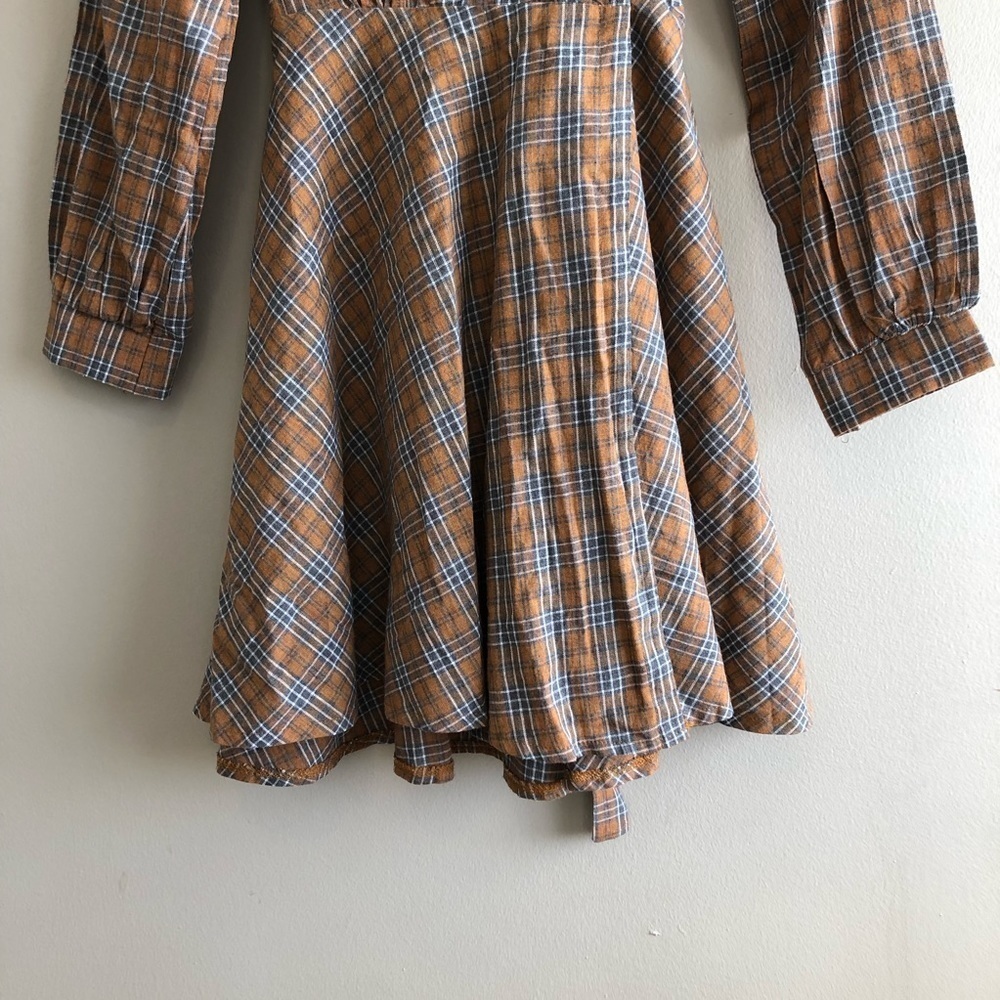 Vintage Plaid Tie Waist Mini Dress Long Sleeve V Neck Fit & Flare Small - Picture 5 of 12